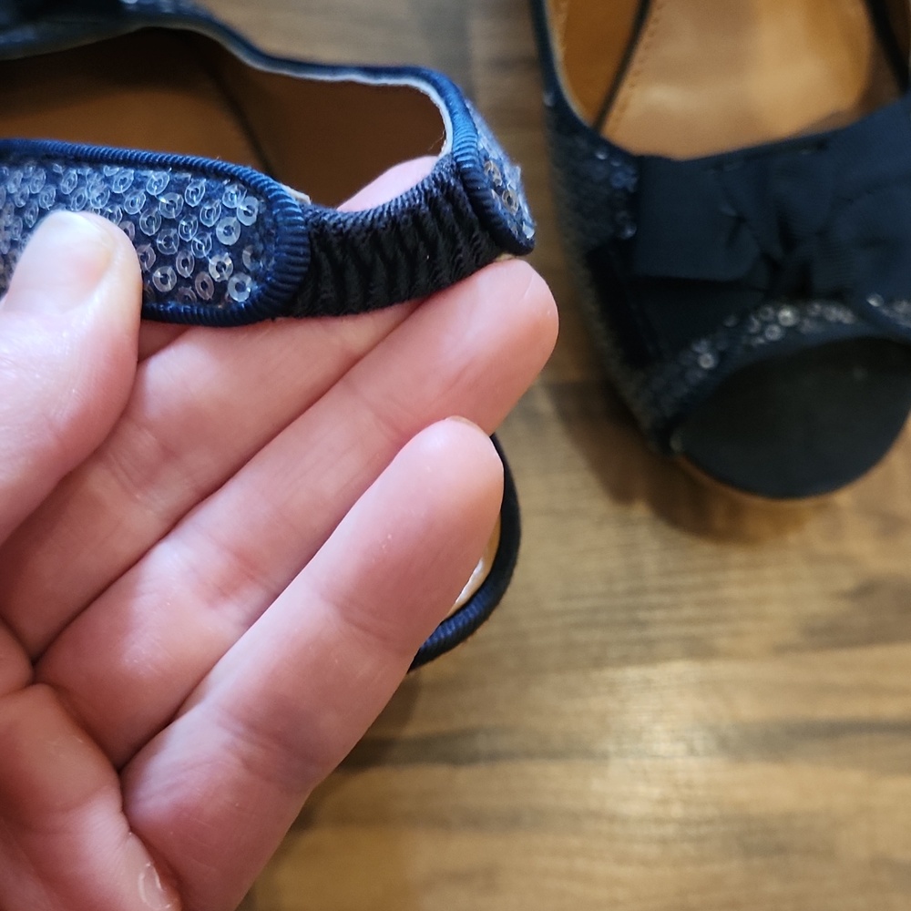 Sperry Navy Sequin Slingback Cork Wedges with Bow - Picture 6 of 12